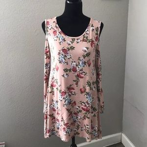 Popana Women’s Floral Tunic Open Shoulders Scoop Neck Long Sleeves Size XL